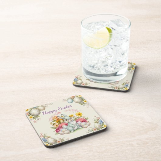 Happy Easter Cute Water Color bunny  コースター (右側)