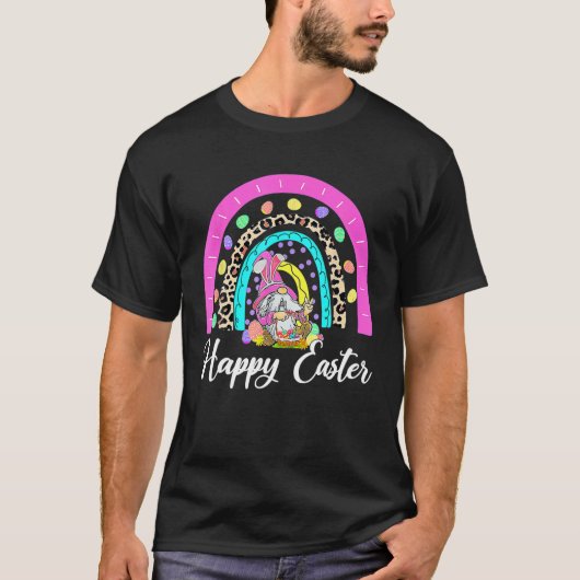 Happy Easter Day Gnome Bunny Leopard Rainbow Funny Tシャツ (正面)