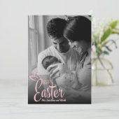 Happy Easter Decorative Pink Script Custom Photo シーズンカード (スタンド正面)