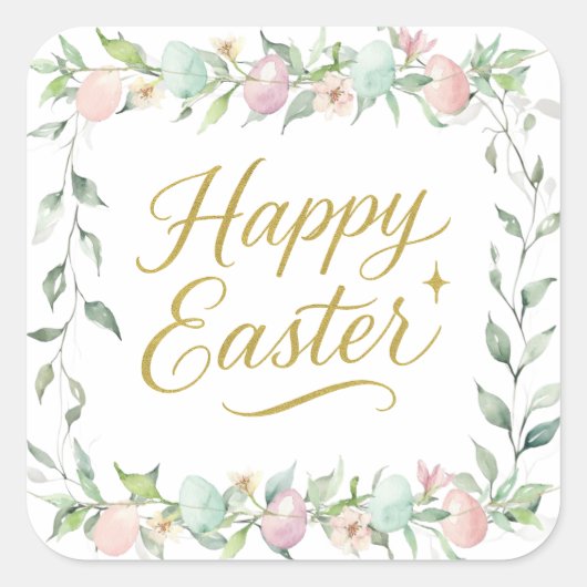 Happy Easter Digital Watercolor with Greenery  スクエアシール (正面)