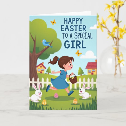 Happy Easter Egg Hunt Girl Card カード (黄色い花)