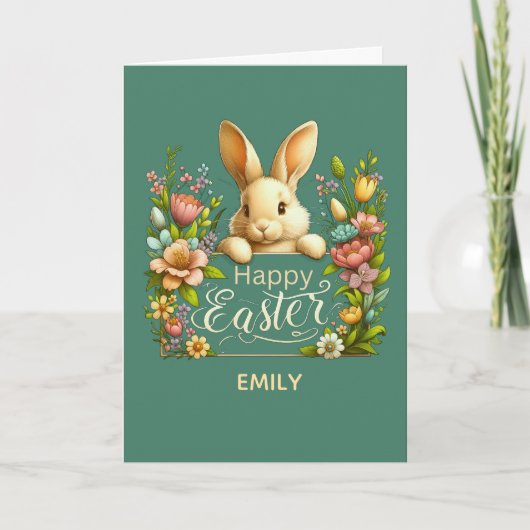 Happy Easter Elegant Bunny Floral Spring Design カード (正面)