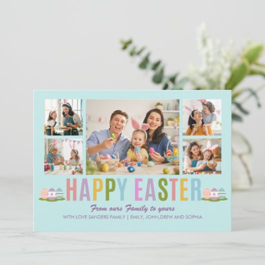 Happy Easter Family Photo Collage Blue 招待状 (スタンド正面)