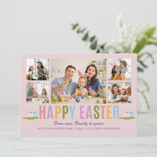 Happy Easter Family Photo Collage Pink 招待状 (スタンド正面)