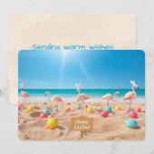 Happy Easter Flamingo Easter Egg Hunt on Beach シーズンカード (正面/裏面)
