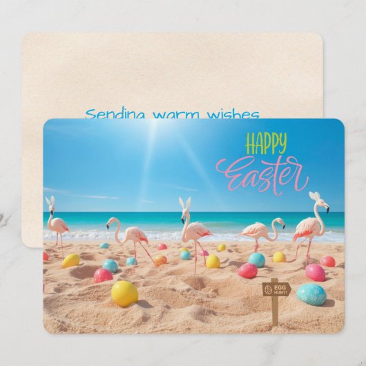 Happy Easter Flamingo Easter Egg Hunt on Beach シーズンカード (正面/裏面)