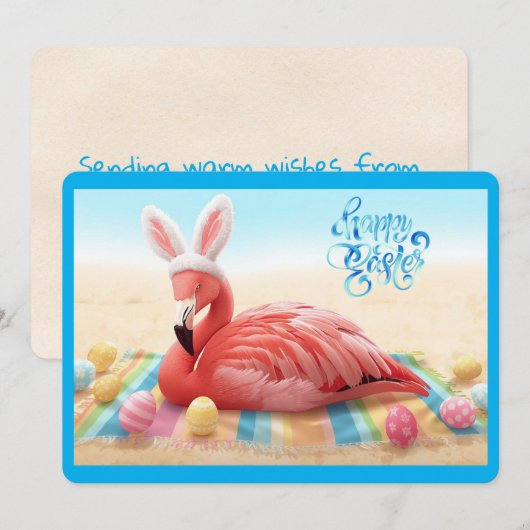 Happy Easter from Florida Flamingo Bunny on Beach シーズンカード (正面/裏面)
