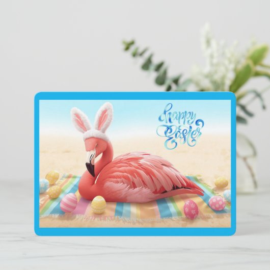 Happy Easter from Florida Flamingo Bunny on Beach シーズンカード (スタンド正面)