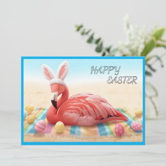 Happy Easter from Florida Flamingo Bunny on Beach シーズンカード (スタンド正面)