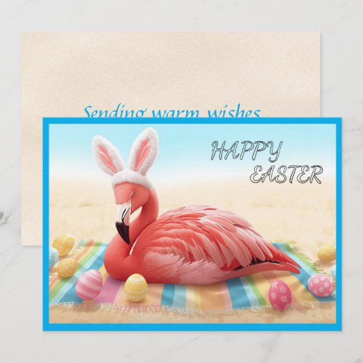 Happy Easter from Florida Flamingo Bunny on Beach シーズンカード (正面/裏面)
