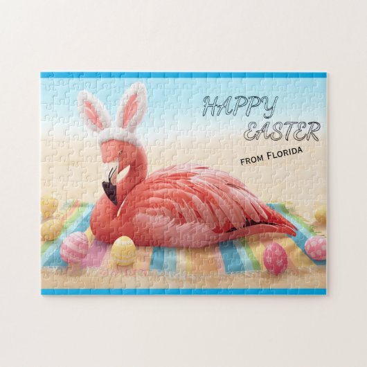 Happy Easter from Florida Flamingo Bunny on Beach  ジグソーパズル (横)