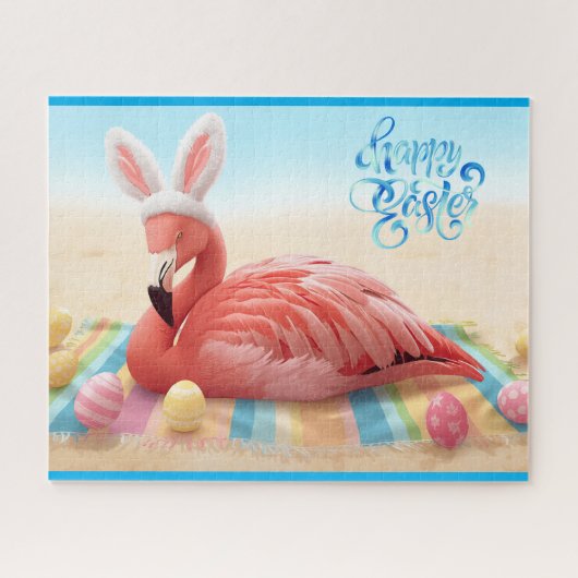 Happy Easter from Florida Flamingo Bunny on Beach  ジグソーパズル (横)