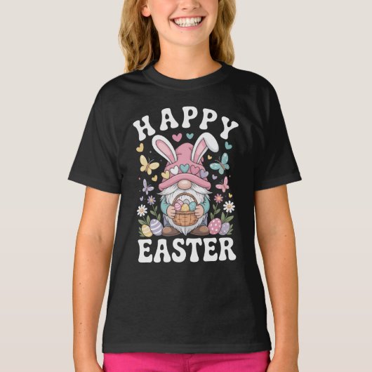 Happy Easter Gnome With Bunny Ears Colorful Eggs  Tシャツ (正面)