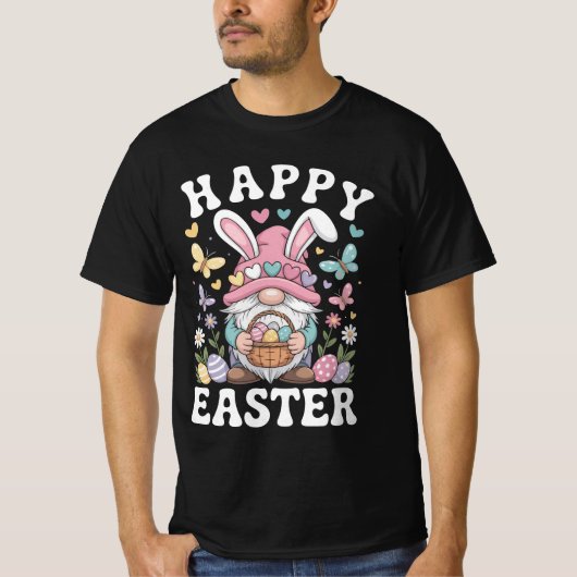 Happy Easter Gnome With Bunny Ears Colorful Eggs  Tシャツ (正面)