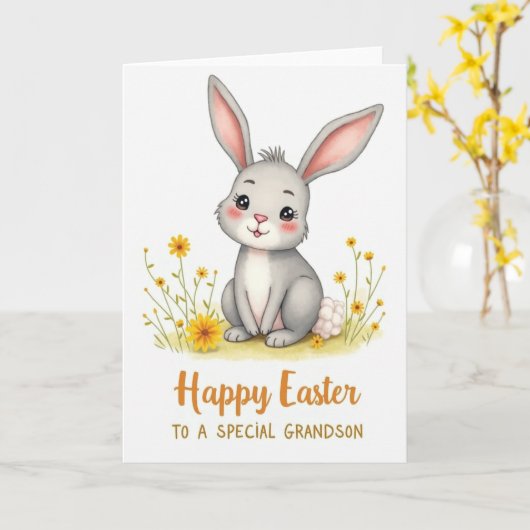 Happy Easter Grandson Cute Bunny Card カード (黄色い花)