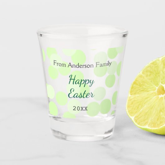 Happy Easter gray green polka dots family name ショットグラス (正面)