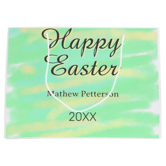 Happy Easter green yellow pastel gray name year  ラージペーパーバッグ (正面)