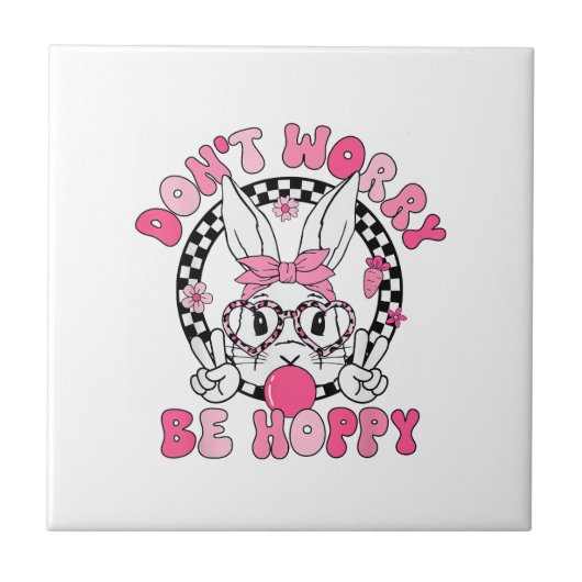 Happy Easter Groovy Bunny Face Don't Worry Be Hopp タイル (正面)