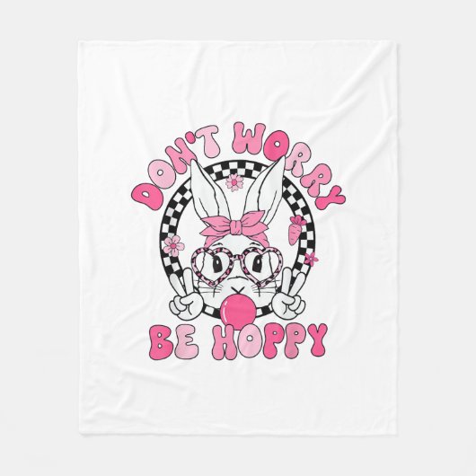 Happy Easter Groovy Bunny Face Don't Worry Be Hopp フリースブランケット (正面)