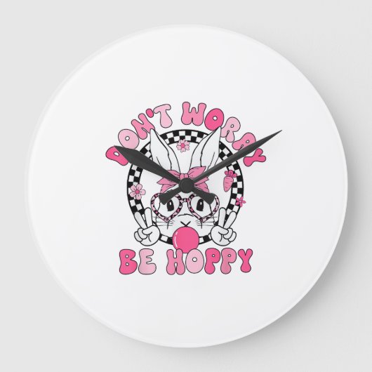 Happy Easter Groovy Bunny Face Don't Worry Be Hopp ラージ壁時計 (正面)