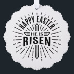 Happy Easter He is risen cross オーナメントカード<br><div class="desc">Happy Easter He is risen paper ornament. Retro vintage cross aesthetic home decor and gift decoration. Bible verse quotes for christian faith faithful god Jesus religious gift.</div>