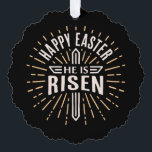 Happy Easter He is risen Jesus black オーナメントカード<br><div class="desc">Happy Easter He is risen paper ornament and gift accessory. Retro vintage cross dark aesthetic black home decor. Bible verse quotes sayings for christian faith faithful god Jesus religious decoration.</div>