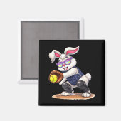 Happy easter holiday bunny playing softball マグネット (正面/裏面)