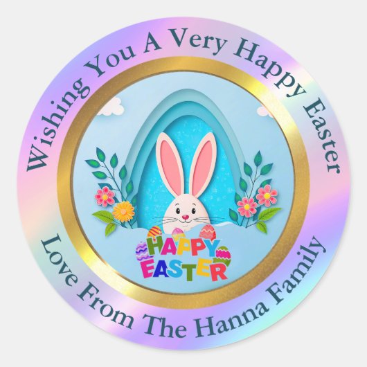 Happy Easter I Custom Bunny & Spring Floral ラウンドシール (正面)