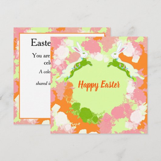 Happy Easter Invitation Card – Cute Bunny Floral  招待状 (正面/裏面)