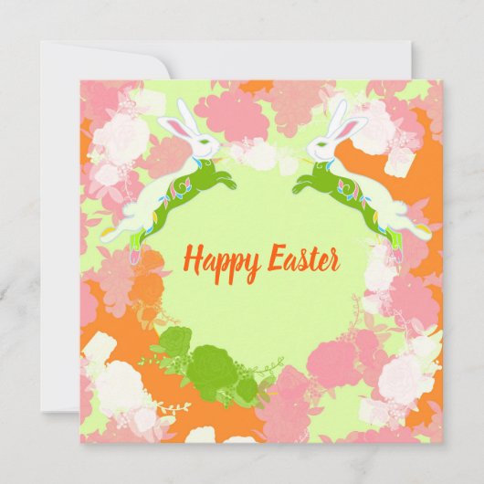 Happy Easter Invitation Card – Cute Bunny Floral 招待状 (正面)