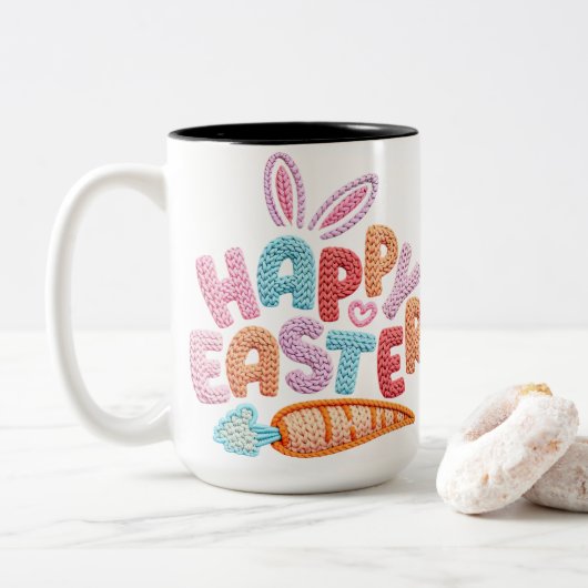 Happy Easter Knitted Texture Bunny Ears Carrot Pas ツートーンマグカップ (ドーナツ)