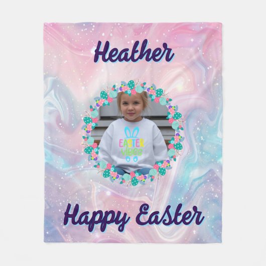Happy Easter Pastel Floral Custom Kid Photo Name フリースブランケット (正面)