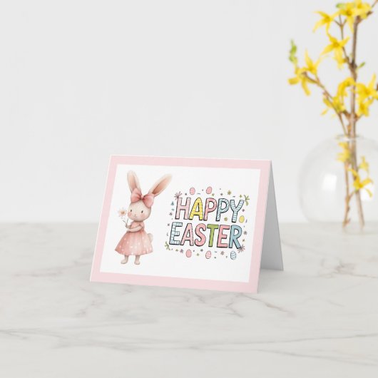 Happy Easter Pink Bunny Folded Greeting Card カード (黄色い花)
