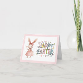 Happy Easter Pink Bunny Folded Greeting Card カード