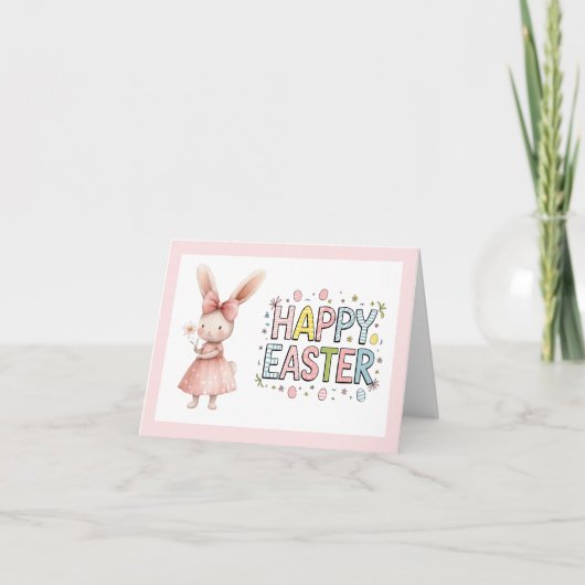 Happy Easter Pink Bunny Folded Greeting Card カード (正面)