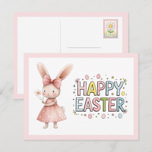 Happy Easter Pink Bunny Postcard シーズンポストカード (正面/裏面)