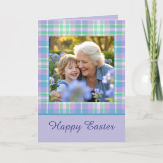 Happy Easter Plaid One Photo Purple Blue Pastel カード