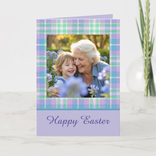 Happy Easter Plaid One Photo Purple Blue Pastel カード (正面)