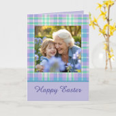 Happy Easter Plaid One Photo Purple Blue Pastel カード (黄色い花)