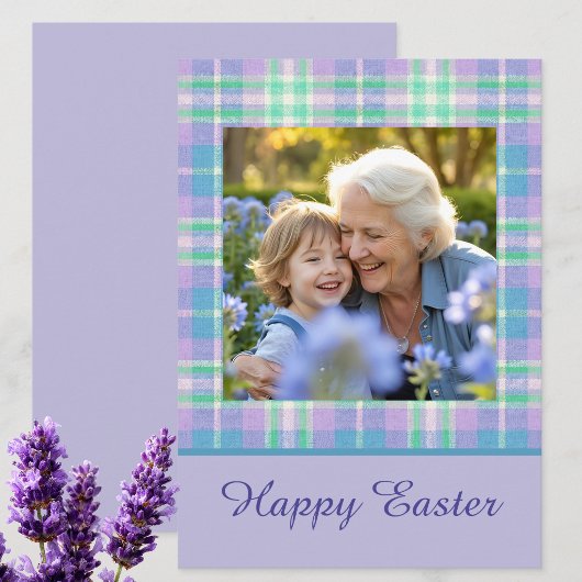 Happy Easter Plaid One Photo Purple Blue Pastel シーズンカード