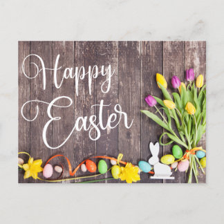 Happy Easter Postcard Wood Background Flowers ポストカード