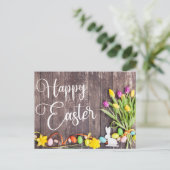 Happy Easter Postcard Wood Background Flowers ポストカード (スタンド正面)