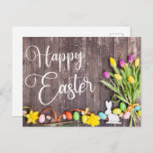 Happy Easter Postcard Wood Background Flowers ポストカード (正面/裏面)