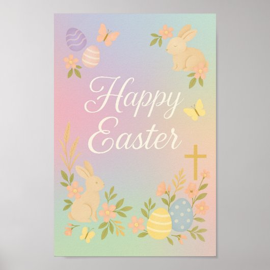 Happy Easter Poster | Pastel Bunny Wall Art ポスター (正面)