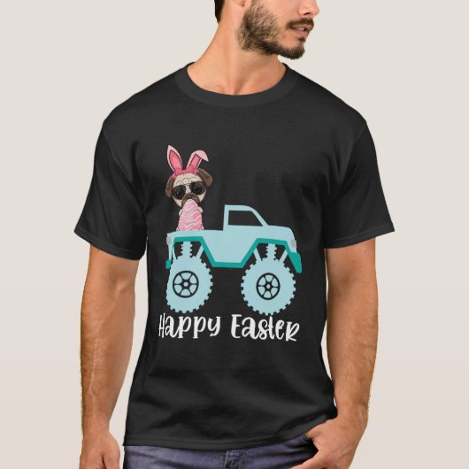 Happy Easter Pug Dog Riding Monster Truck Toddler Tシャツ (正面)