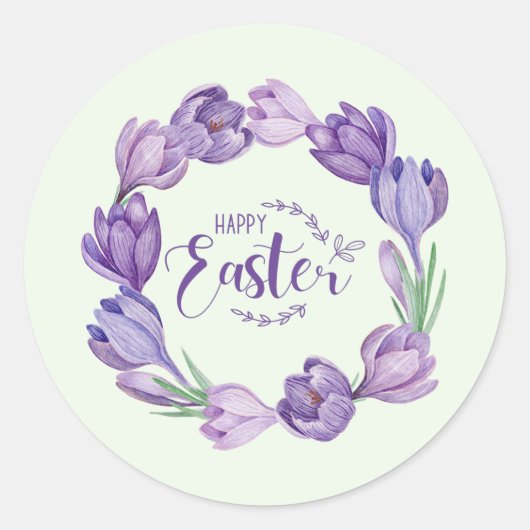 Happy Easter Purple Crocus Flower Wreath ラウンドシール (正面)