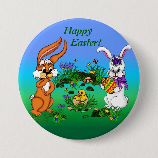 Happy Easter! Rabbit with Bunny and Chick 缶バッジ (正面)