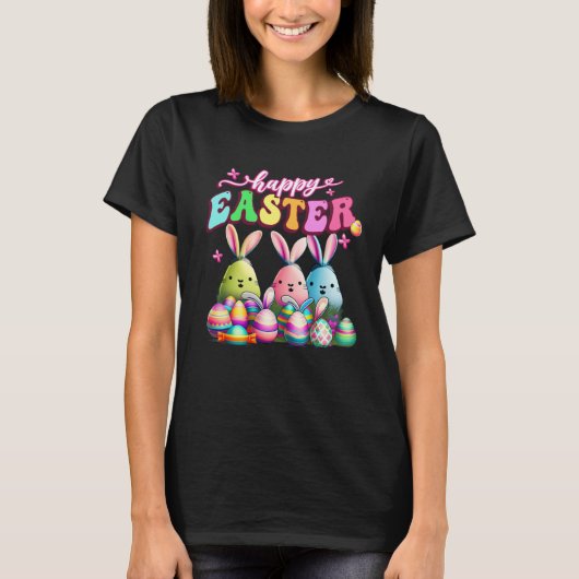 Happy Easter  Rabit Eggs Retro Groovy Bunny Easter Tシャツ (正面)