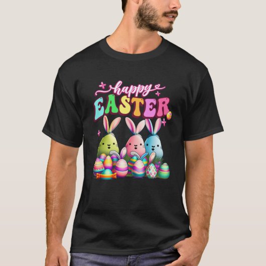 Happy Easter  Rabit Eggs Retro Groovy Bunny Easter Tシャツ (正面)