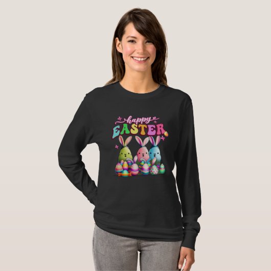 Happy Easter  Rabit Eggs Retro Groovy Bunny Easter Tシャツ (正面フル)